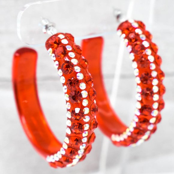 2" Clear Red AB/Red Lucite Rhinestone Hoop Earring - Picture 5 of 11